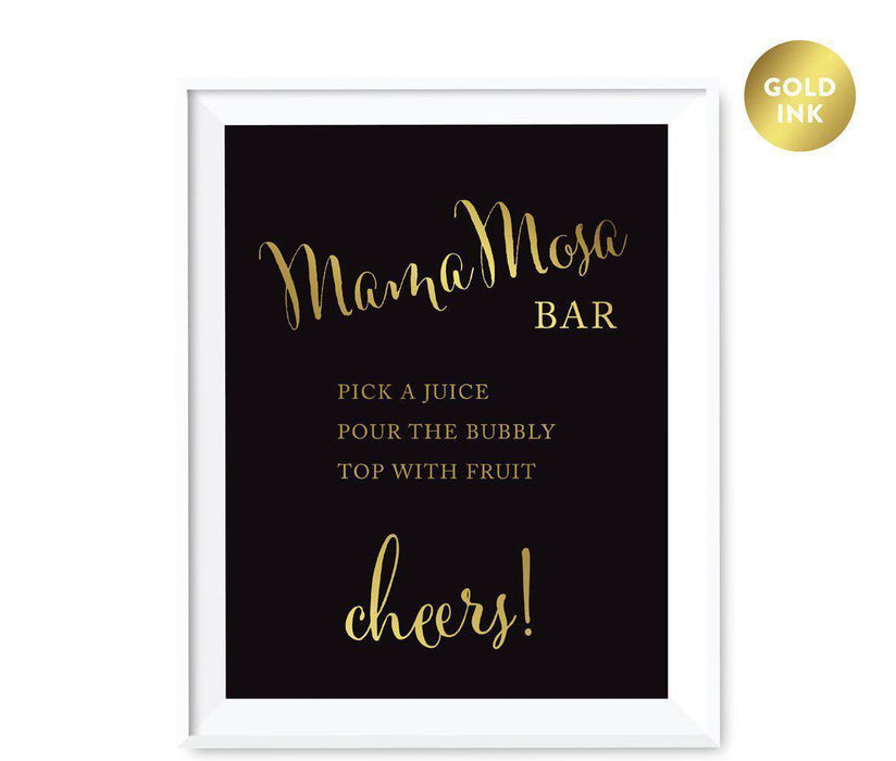 Black and Metallic Gold Baby Shower Signs-Set of 1-Andaz Press-MamaMosas Mimosa , Pick a Juice, Pour the Bubbly Champagne, Top with Fruit Cheers!-