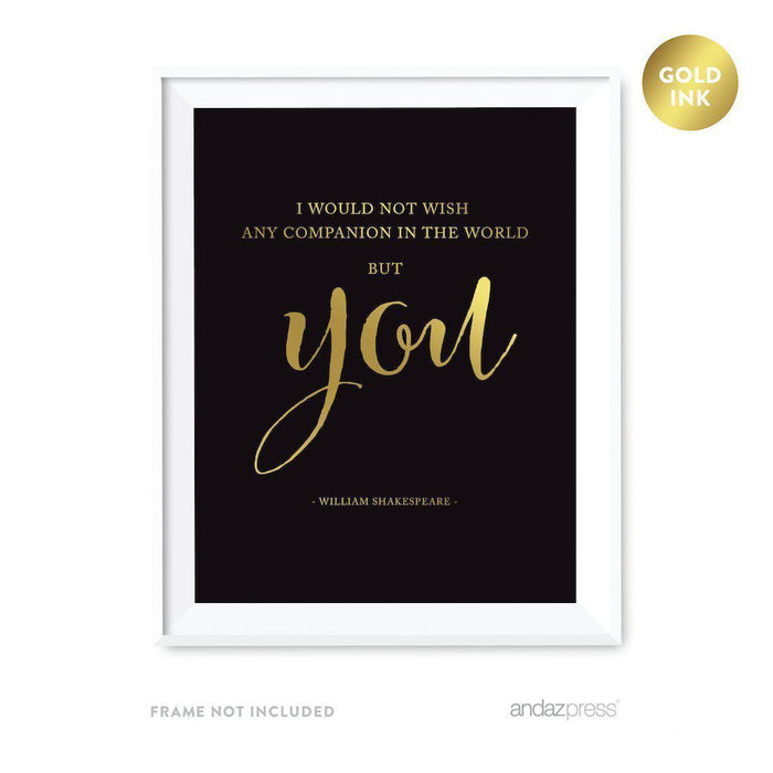 Black and Metallic Gold Wedding Love Quotes Wall Art Print-Set of 1-Andaz Press-I would not wish any companion...Shakespeare-