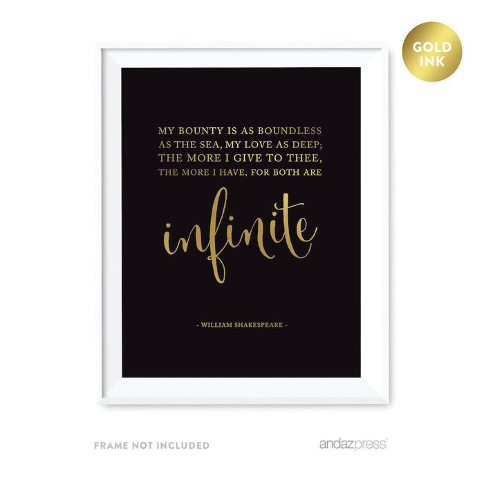 Black and Metallic Gold Wedding Love Quotes Wall Art Print-Set of 1-Andaz Press-My bounty is as boundless as the sea. Shakespeare-