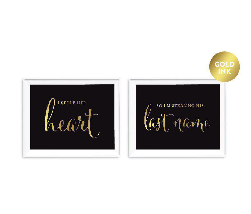 Black and Metallic Gold Wedding Signs, 2-Pack-Set of 2-Andaz Press-I Stole Her Heart, So I'm Stealing His Last Name-