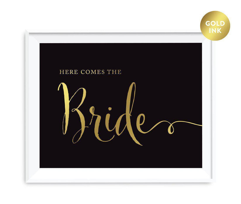 Black and Metallic Gold Wedding Signs-Set of 1-Andaz Press-Here Comes The Bride-