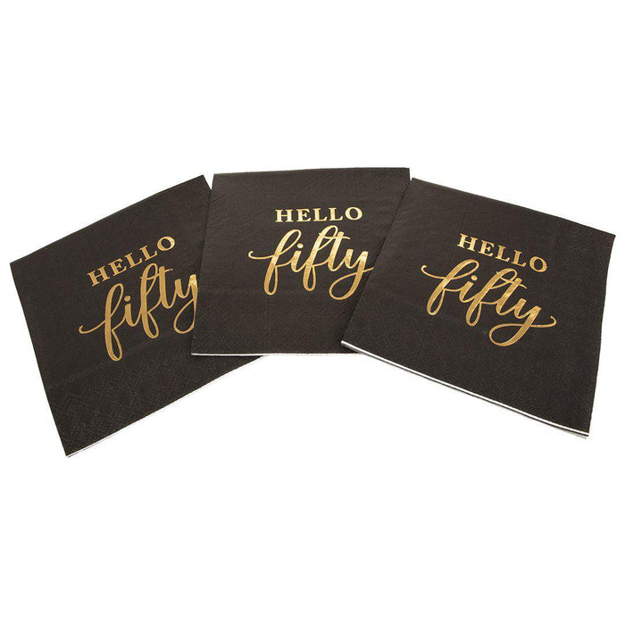 Black with Real Gold Foil Scripted Hello Fifty Cocktail Napkins-Set of 100-Andaz Press-