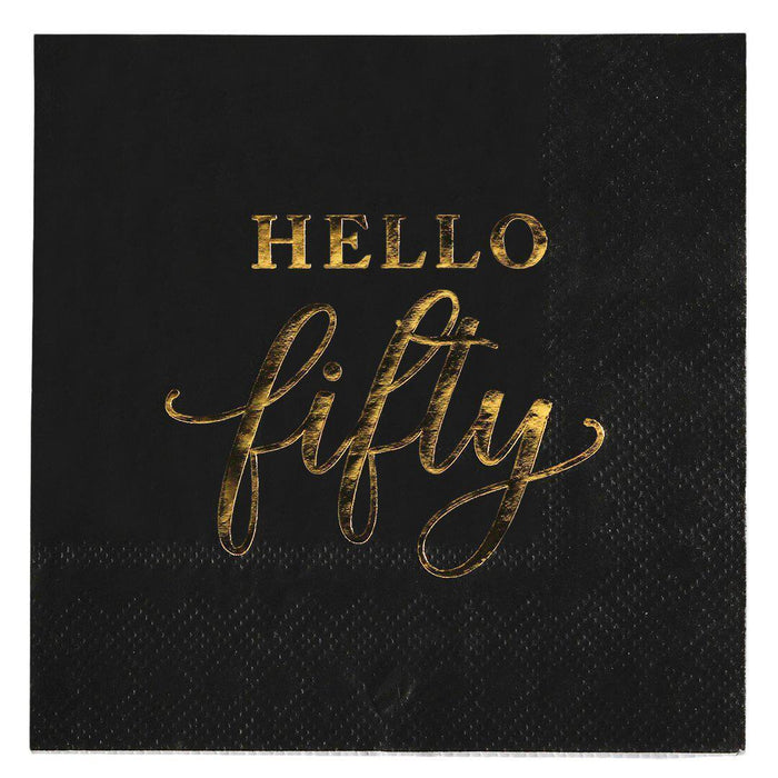 Black with Real Gold Foil Scripted Hello Fifty Cocktail Napkins-Set of 100-Andaz Press-