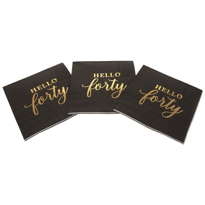 Black with Real Gold Foil Scripted Hello Forty Cocktail Napkins-Set of 100-Andaz Press-