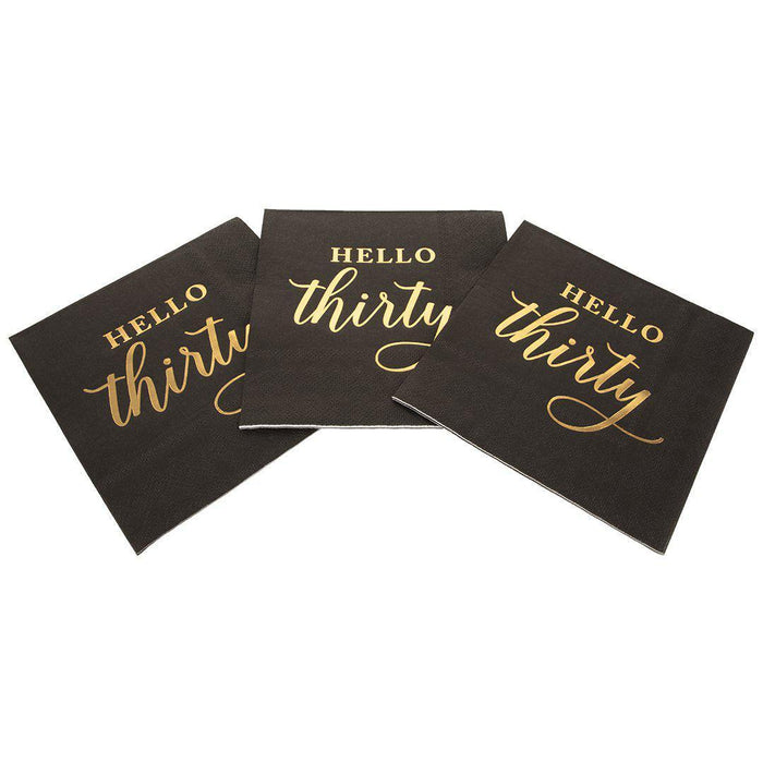 Black with Real Gold Foil Scripted Hello Thirty Cocktail Napkins-Set of 100-Andaz Press-