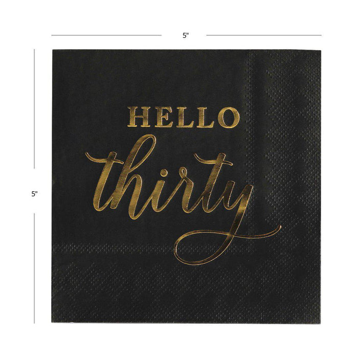 Black with Real Gold Foil Scripted Hello Thirty Cocktail Napkins-Set of 100-Andaz Press-
