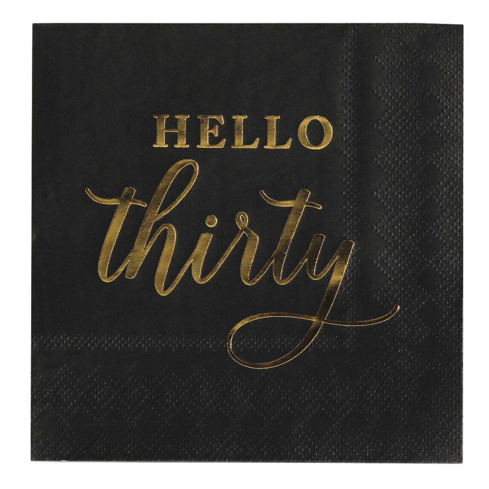 Black with Real Gold Foil Scripted Hello Thirty Cocktail Napkins-Set of 100-Andaz Press-