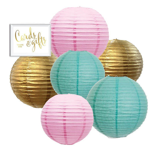 Blush Pink, Diamond Blue, Gold Hanging Paper Lanterns Decorative Kit-Set of 6-Andaz Press-