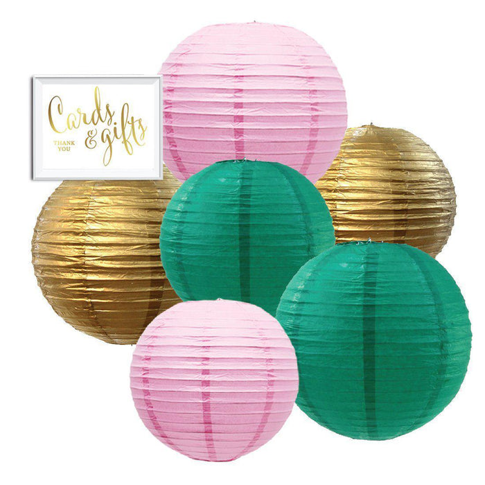 Blush Pink, Emerald Green, Gold Hanging Paper Lanterns Decorative Kit-Set of 6-Andaz Press-