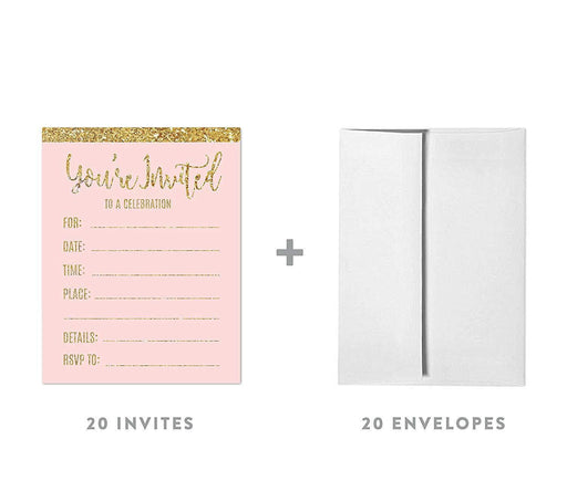 Blush Pink Gold Glitter Print Wedding Blank Party Invitations with Envelopes-Set of 20-Andaz Press-