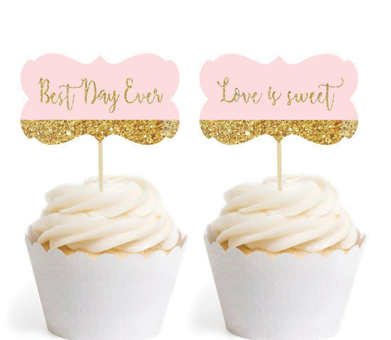 Blush Pink Gold Glitter Print Wedding Fancy Frame Cupcake Topper DIY Party Favors Kit-Set of 18-Andaz Press-