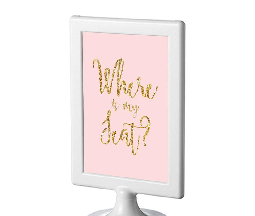 Blush Pink Gold Glitter Print Wedding Framed Party Signs-Set of 1-Andaz Press-Where Is My Seat?-