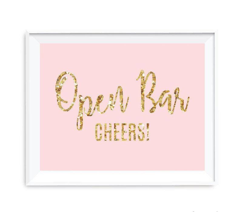 Blush Pink Gold Glitter Print Wedding Party Signs-Set of 1-Andaz Press-Open Bar Cheers!-