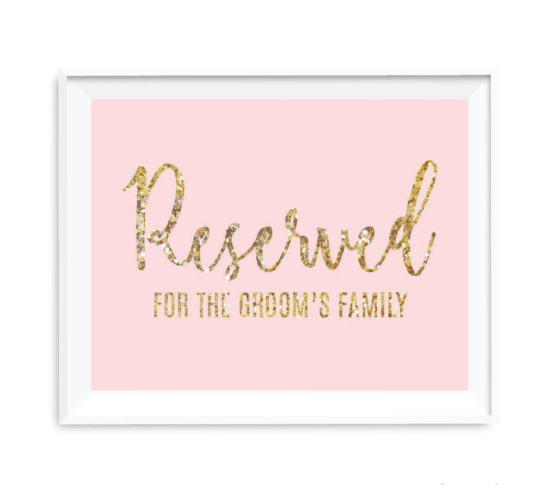 Blush Pink Gold Glitter Print Wedding Party Signs-Set of 1-Andaz Press-Reserved For The Groom's Family-