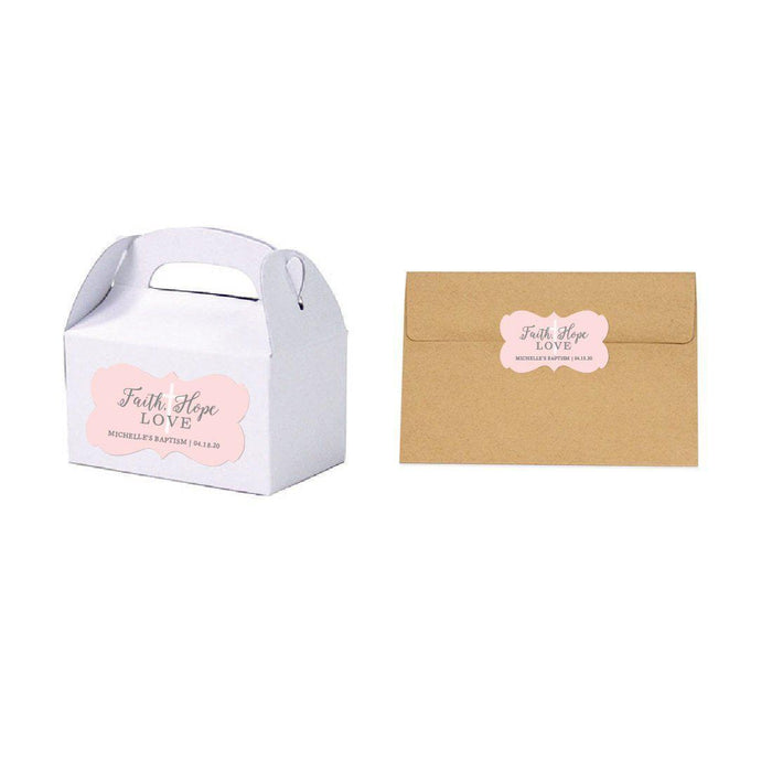 Blush Pink and Gray Baby Girl Baptism Personalized Fancy Frame Label Stickers, Faith Hope and Love-set of 36-Andaz Press-