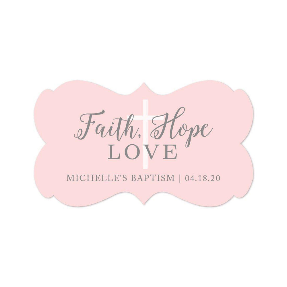 Blush Pink and Gray Baby Girl Baptism Personalized Fancy Frame Label Stickers, Faith Hope and Love-set of 36-Andaz Press-