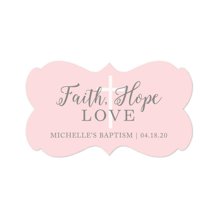 Blush Pink and Gray Baby Girl Baptism Personalized Fancy Frame Label Stickers, Faith Hope and Love-set of 36-Andaz Press-