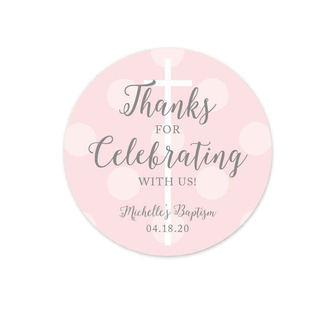 Blush Pink and Gray Baby Girl Baptism Personalized Round Circle Label Stickers, Thanks for Celebrating with US-set of 40-Andaz Press-