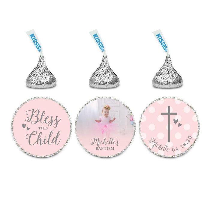 Blush Pink and Gray Baby Girl Baptism Photo Personalized Chocolate Drop Label Stickers Trio-set of 216-Andaz Press-