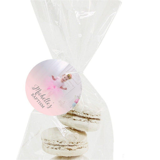 Blush Pink and Gray Baby Girl Baptism Photo Personalized Round Circle Gift Tags-set of 24-Andaz Press-