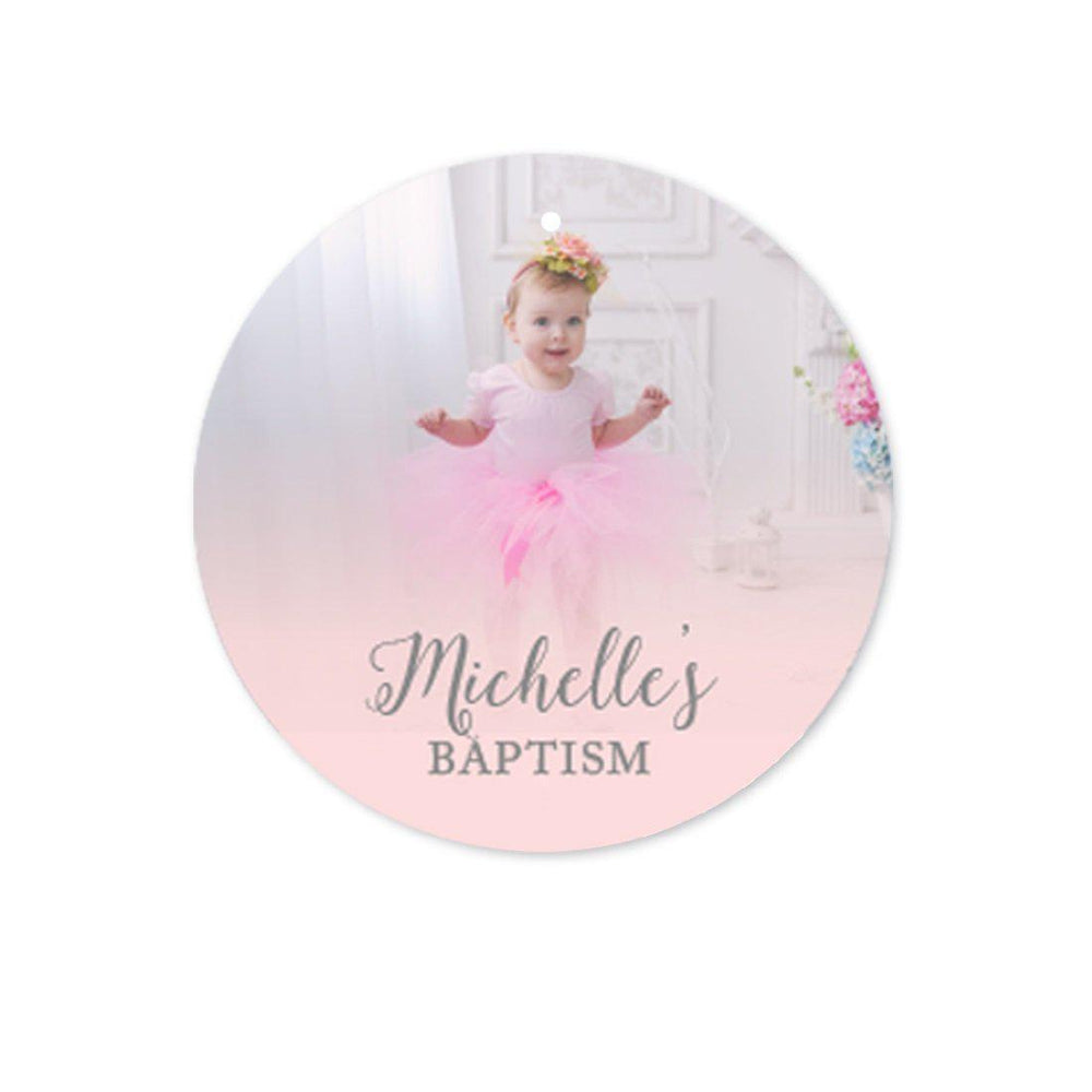 Blush Pink and Gray Baby Girl Baptism Photo Personalized Round Circle Gift Tags-set of 24-Andaz Press-