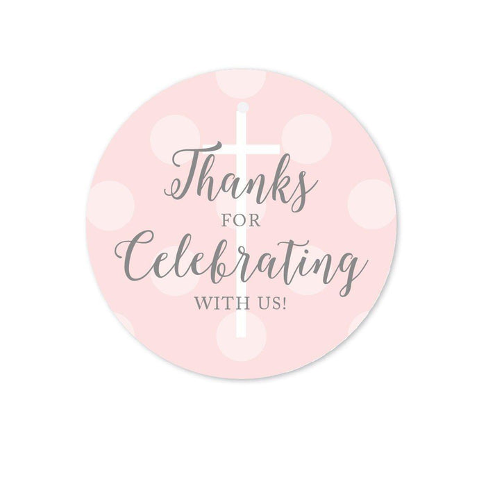 Blush Pink and Gray Baby Girl Baptism Round Circle Gift Tags, Thanks for Celebrating with US-set of 24-Andaz Press-