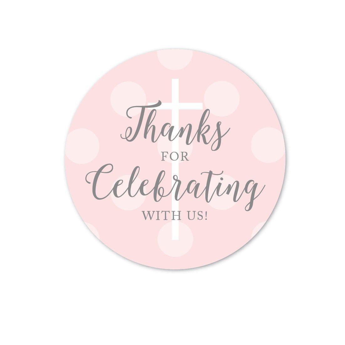 Blush Pink and Gray Baby Girl Baptism Round Circle Label Stickers, Thanks for Celebrating with US-set of 40-Andaz Press-