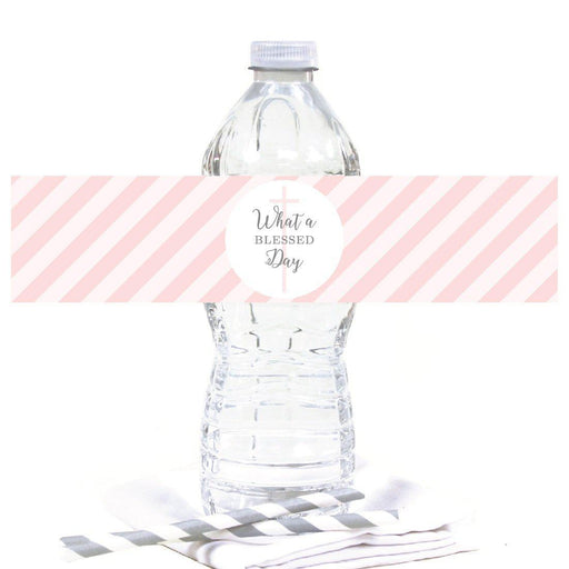 Blush Pink and Gray Baby Girl Baptism Water Bottle Label Stickers, What a Blessed Day-set of 20-Andaz Press-