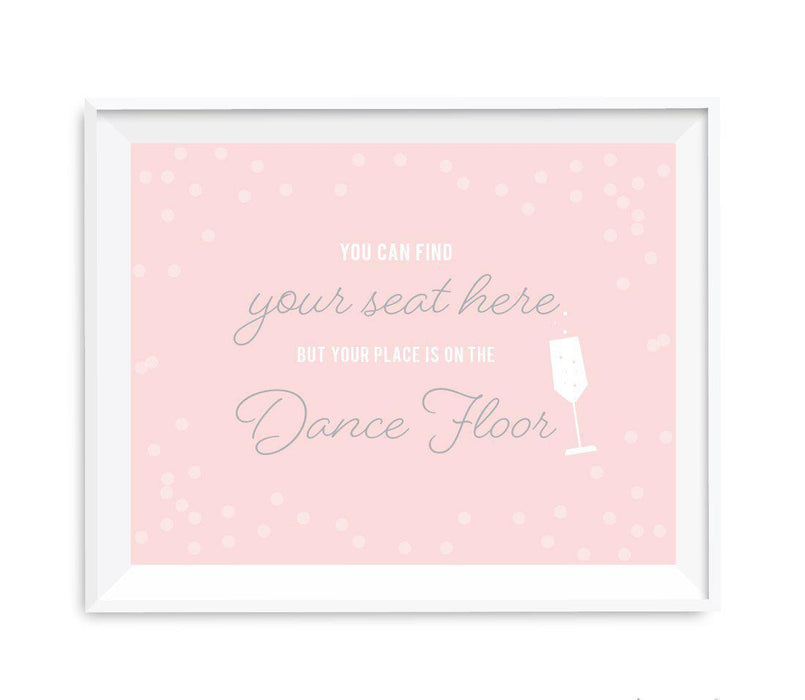 Blush Pink and Gray Pop Fizz Clink Wedding Party Signs-Set of 1-Andaz Press-Find Your Seat Here, Place On Dance Floor-