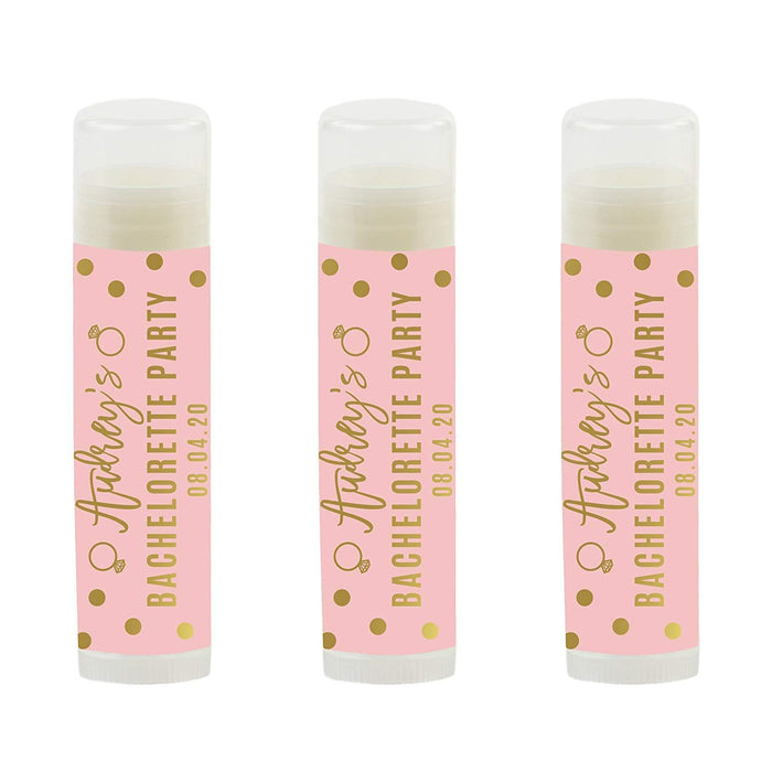 Blush Pink and Metallic Gold Confetti Polka Dots Bachelorette Collection, Personalized Lip Balm Favors, Custom Name and Date-Set of 12-Andaz Press-