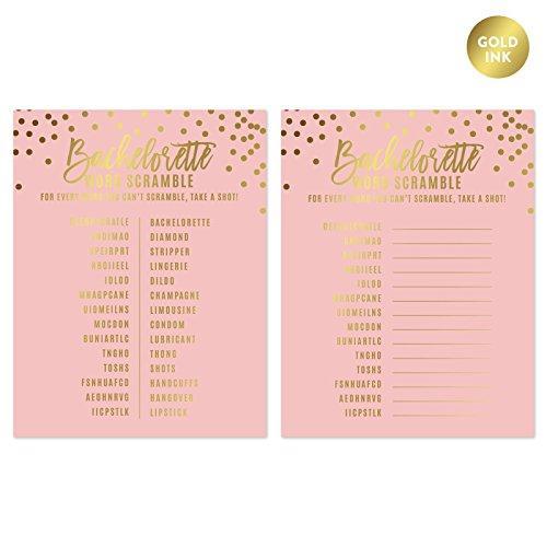 Blush Pink and Metallic Gold Confetti Polka Dots Bachelorette Party Dirty Word Search Game Cards-Set of 20-Andaz Press-