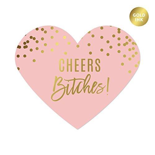 Blush Pink and Metallic Gold Confetti Polka Dots Bachelorette Party Heart Label Stickers, Cheers Bitches!-Set of 75-Andaz Press-