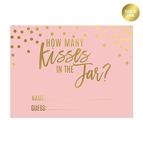 Blush Pink and Metallic Gold Confetti Polka Dots Bachelorette Party How Many Kisses are in The Jar Game Cards-Set of 30-Andaz Press-