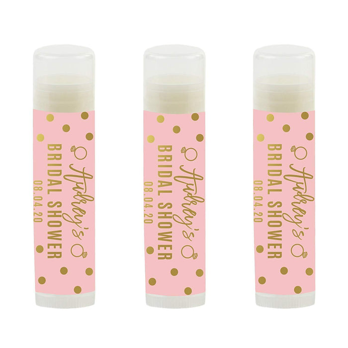 Blush Pink and Metallic Gold Confetti Polka Dots Bridal Shower, Personalized Lip Balm Favors, Custom Name and Date-Set of 12-Andaz Press-
