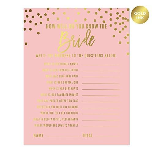 Blush Pink and Metallic Gold Confetti Polka Dots Wedding How Well Do You Know The Bride? Bridal Shower Game Cards-Set of 20-Andaz Press-