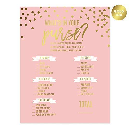 Blush Pink and Metallic Gold Confetti Polka Dots Wedding What's in Your Purse? Bridal Shower Game Cards-Set of 20-Andaz Press-