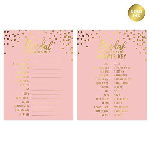 Blush Pink and Metallic Gold Confetti Polka Dots Wedding Word Scramble Bridal Shower Game Cards-Set of 20-Andaz Press-
