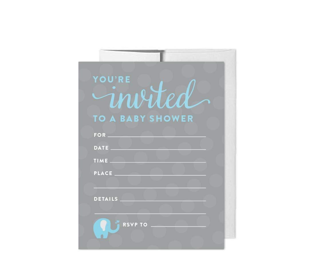 Boy Elephant Baby Shower Blank Invitations-Set of 20-Andaz Press-
