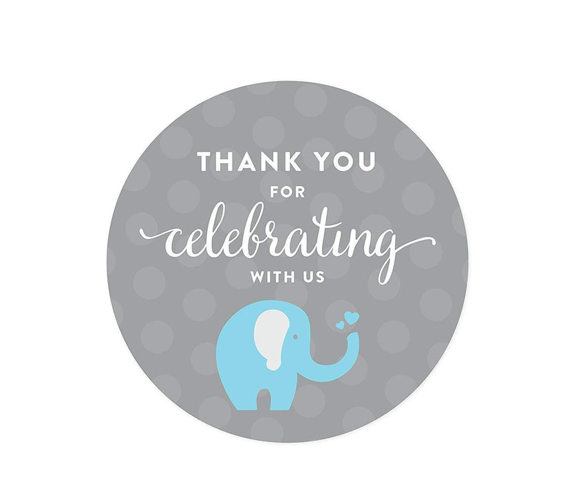 Boy Elephant Baby Shower Round Label Stickers-Set of 40-Andaz Press-Thank You For Celebrating With Us!-