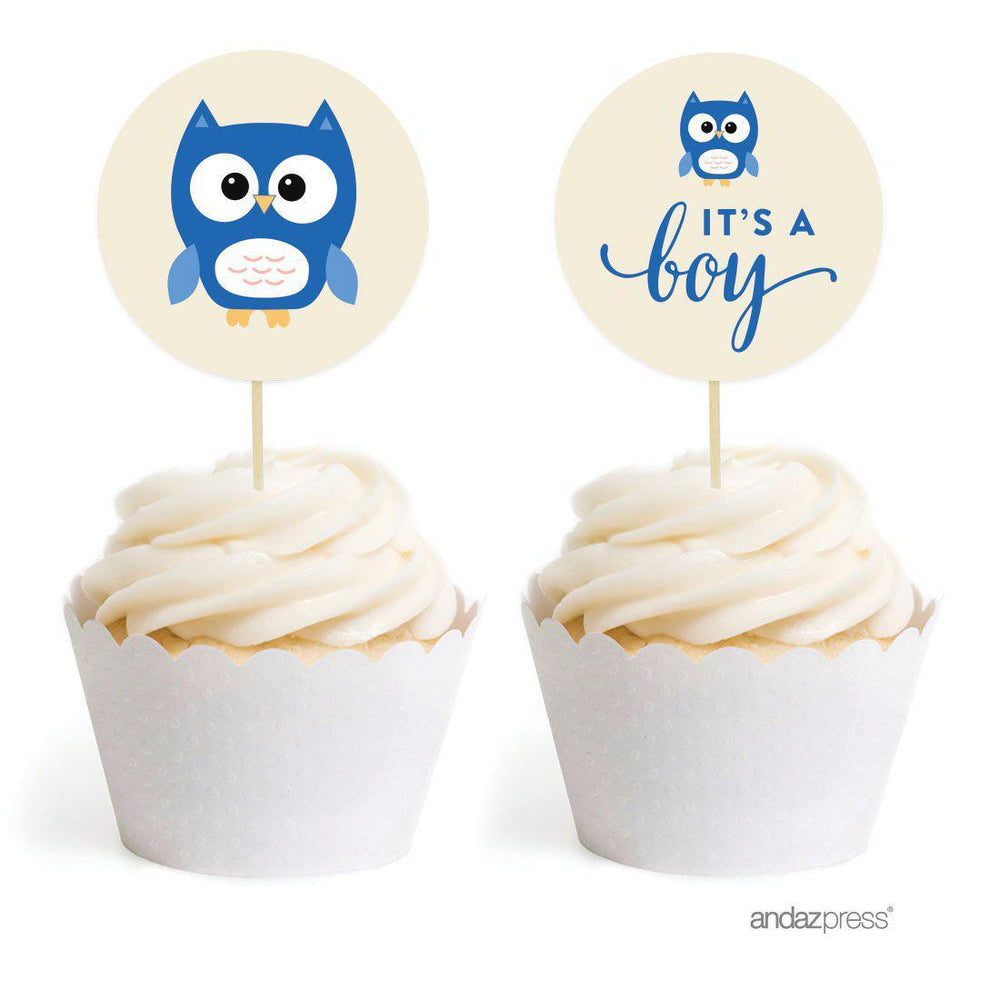 Boy Owl Baby Shower Cupcake Topper DIY Party Favors Kit-Set of 20-Andaz Press-