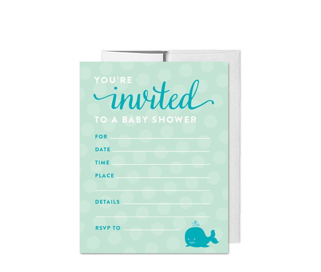 Boy Whale Nautical Baby Shower Blank Invitations, 20-Pack, image size:1100x935