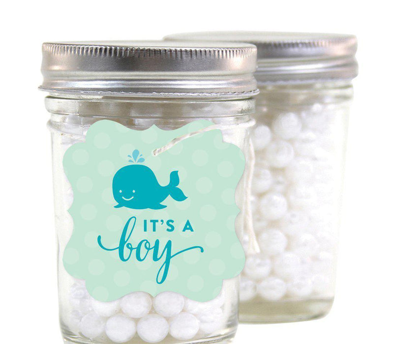 Boy Whale Nautical Baby Shower Fancy Frame Gift Tags-Set of 24-Andaz Press-Thank You For Celebrating With Us!-
