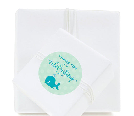 Boy Whale Nautical Baby Shower Round Label Stickers-Set of 40-Andaz Press-Thank You For Celebrating With Us!-