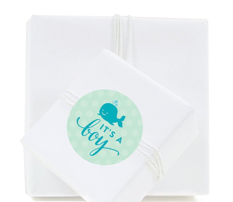 Boy Whale Nautical Baby Shower Round Label Stickers-Set of 40-Andaz Press-It's A Boy-