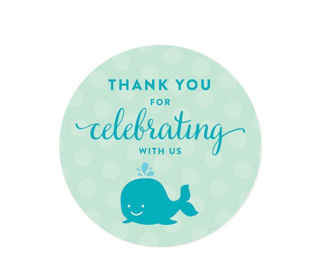 Boy Whale Nautical Baby Shower Round Label Stickers-Set of 40-Andaz Press-Thank You For Celebrating With Us!-