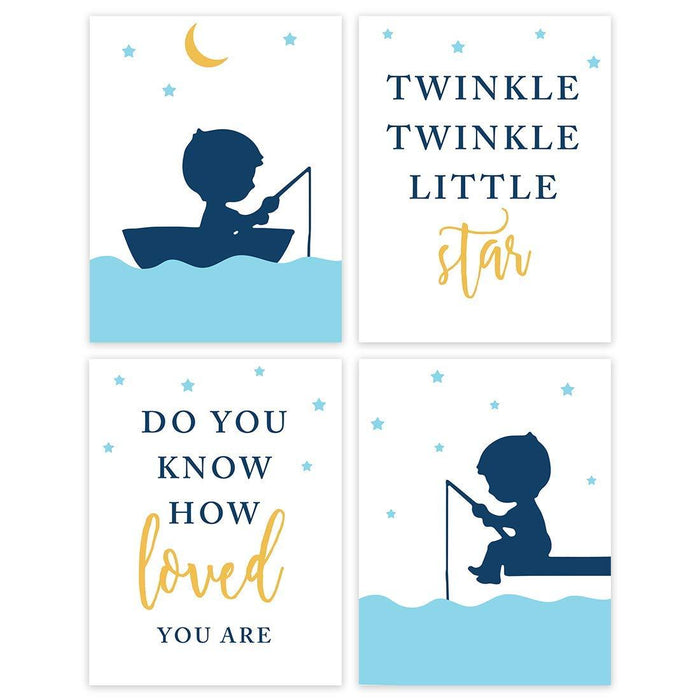 Boys Nursery Room Wall Art, Boy Fishing, Twinkle Twinkle Little Star, Do You Know How Loved You are-Set of 4-Andaz Press-