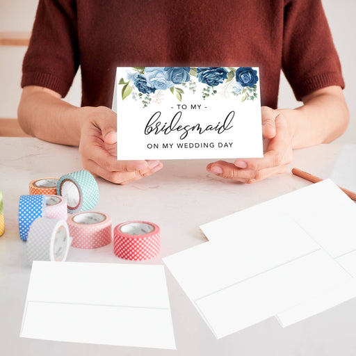 Bridesmaid Wedding Day Gift Cards with Envelopes, To My Bridesmaid on My Wedding Day Cards-Set of 8-Andaz Press-Blue Roses-