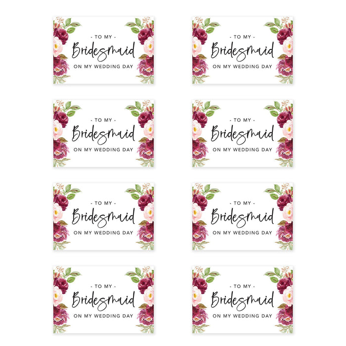 Bridesmaid Wedding Day Gift Cards with Envelopes, To My Bridesmaid on My Wedding Day Cards-Set of 8-Andaz Press-Burgundy Pink Roses-