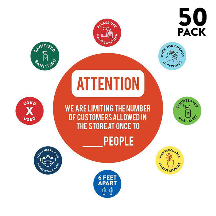 Building Bathroom Office Round Custom Maximum Occupancy Business Signs, Vinyl Sticker Decals-Set of 50-Andaz Press-Occupancy Limiting Customers-