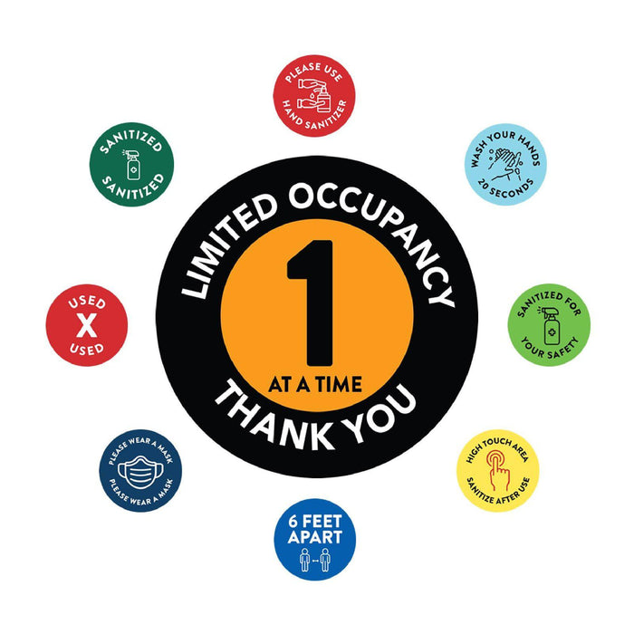 Building Bathroom Office Round Maximum Occupancy Business Signs, Vinyl Sticker Decals-Set of 50-Andaz Press-Occupancy 1 Persons-